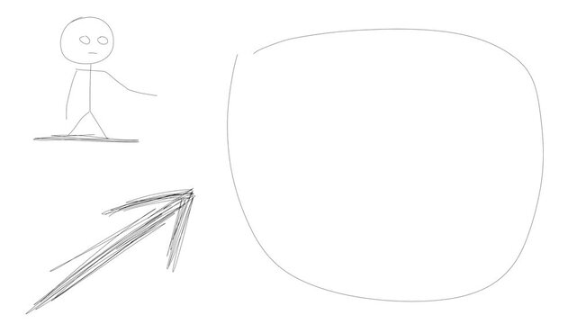 At the top stands a character or a cartoon person, pointing with their hand at the frame. At the bottom, a changing arrow also points at the frame.