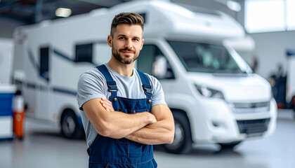 Obraz na płótnie Canvas Ouvrier spécialisé dans un atelier de réparation mécanique de camping car