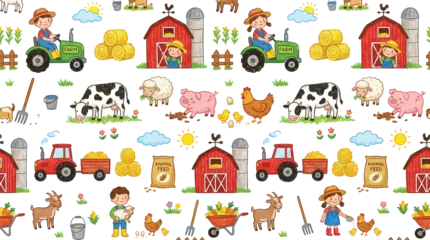 Fototapete Bauernhof A colorful illustration of a farm scene with cartoon animals and children playing with tractors and farm equipment. Ai, eps, jpg, transparent background, png  © fahim