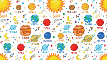 A colorful illustration of the solar system with planets, stars, and sun on a white background Ai, eps, jpg, transparent background, png © fahim