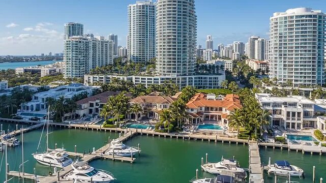 Aerial view of a modern coastal city with a marina full of luxury yachts
