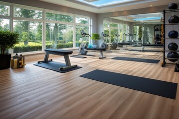 Home gym interior featuring fitness equipment, yoga mats, and mirror, looking out to a green garden