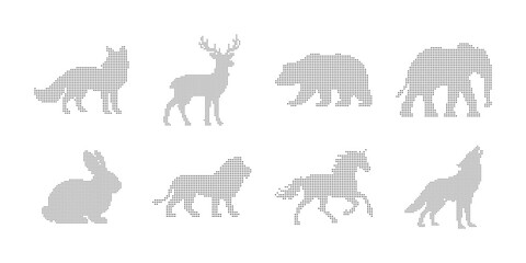 Obraz premium Collection of wild animal silhouette set. dots animals including fox, deer, bear, elephant, rabbit, lion, horse, and wolf vector icons. minimal flat vector illustration