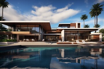 Fototapeta premium Contemporary architecture featuring a lavish villa and inviting swimming pool under a blue sky