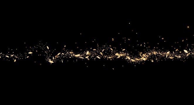 A shimmering flowing stream of golden particles and leaf like shapes against a stark black background high quality professional detailed modern