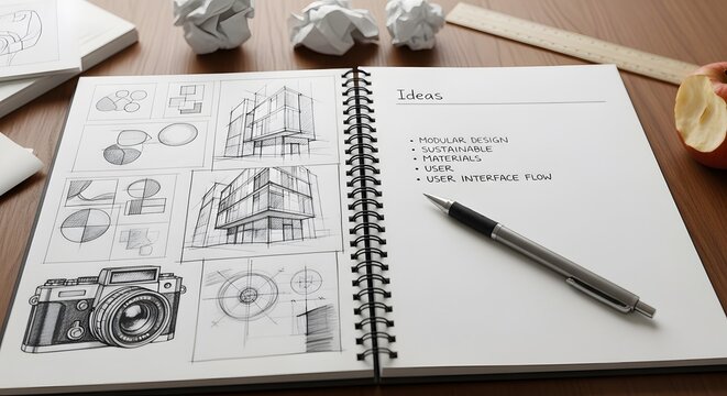 Open Notebook with Architectural Sketches and Pen on Wooden Desk