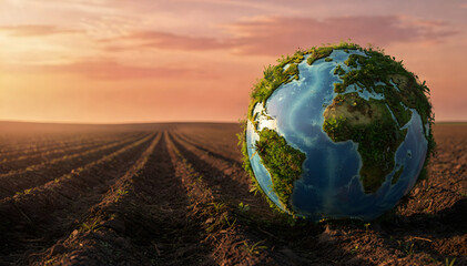 Vibrant Earth Globe Adorned with Lush Greenery and Blue Waters, Resting in a Fertile Field Under a Golden Sunset Sky, Symbolizing Growth and Sustainability
