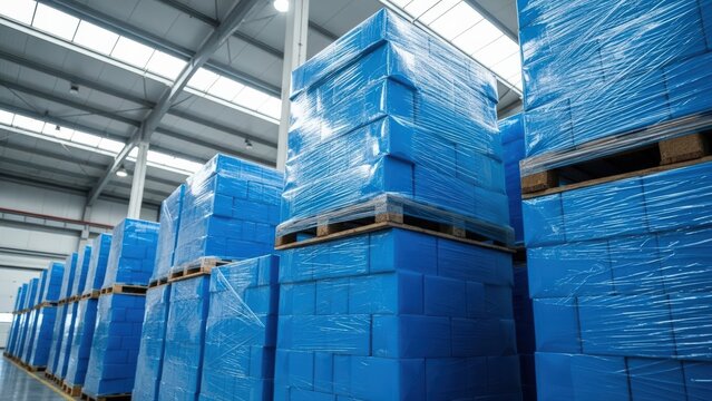Blue stretch-filmed products and boxes tightly bundled on pallets signify efficient storage within a vast modern warehouse environment