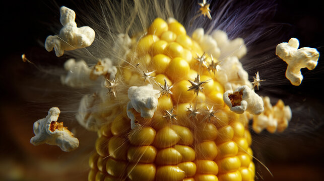 Exploding popcorn popping directly from a fresh yellow corn cob in slow motion