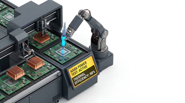 3D isometric electronic factory with robotic arm and PCB assembly