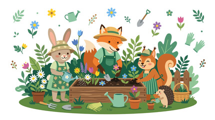 Naklejka premium Cute cartoon animals gardening together in a sunny garden, planting flowers