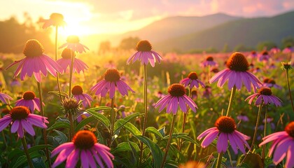 Fototapeta premium Field of coneflowers blooming in the golden hour, with mountains hazy in the distance under a warm sunset
