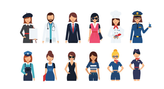 Collection of diverse people characters representing various professions including doctor, chef, police, artist, and more.