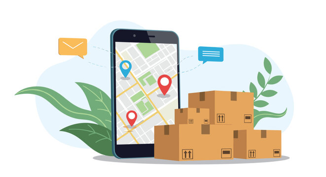 Mobile delivery tracking and logistics concept featuring a smartphone with a map interface and a stack of cardboard boxes.
