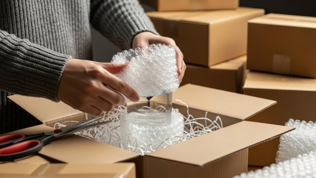 Human hands carefully wrap a glass in protective bubble wrap and shredded paper for secure shipping within a cardboard box