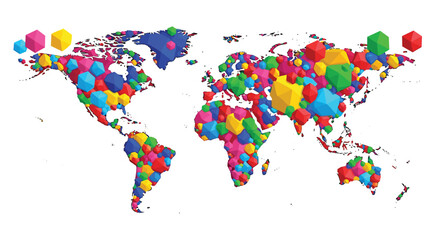 Fototapeta premium Global diversity and abstract world map concept created with many colorful geometric cubes representing different regions.