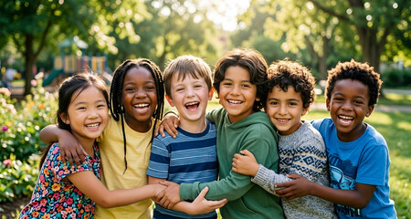 Fototapeta premium Happy diverse group of children hugging and smiling outdoors in sunny park, friendship unity and inclusivity concept for international childrens day celebration