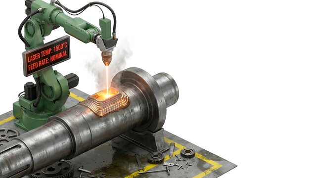 3D isometric industrial DED robot arm repairing metal shaft with laser