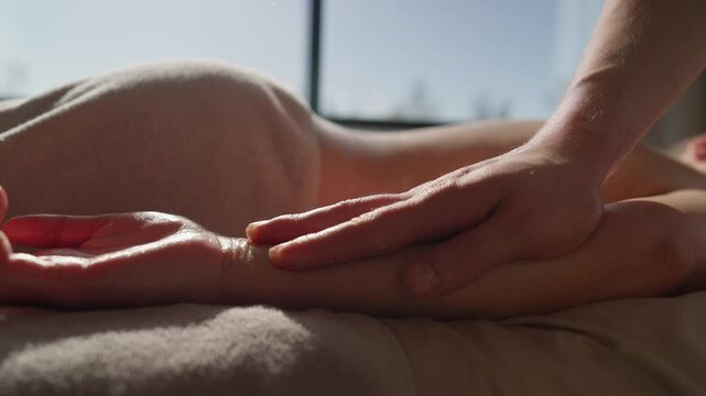 Relaxing therapeutic full body massage with natural sunlight gently illuminating the skin while a masseur slowly glides a soothing hand along the woman arm