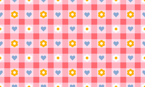 Pink gingham background with small white, yellow daisy flower and tiny hearts seamless pattern design. Vector illustration for kids, nursery decor, wrapping paper, spring themes and stationery 