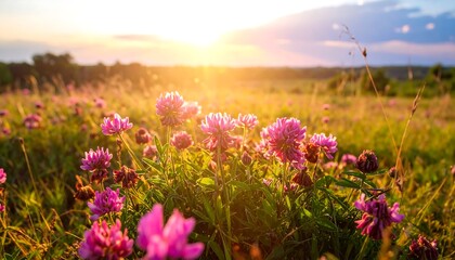 Obraz premium Field of pink clover flowers illuminated by a brilliant sunset casting a warm glow over grassy terrain