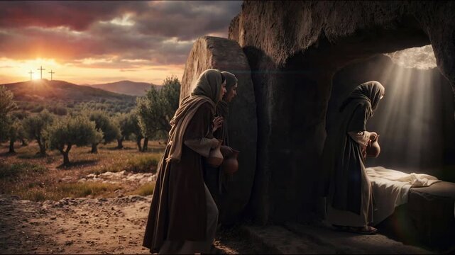 Women approaching an empty tomb with a large stone rolled away, light shining inside, symbolizing the resurrection for Easter.