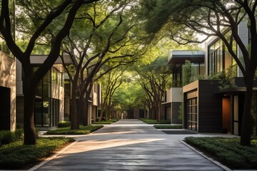 Obraz premium Residential street with contemporary architecture blending into a green, tree lined environment