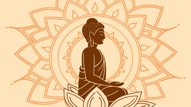 Meditating buddha silhouette on lotus with mandala background symbolizing peace mindfulness and spiritual harmony minimal illustration