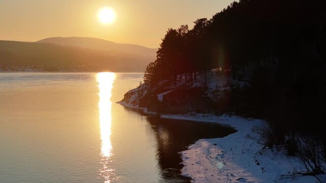 Sunset above Yenisei river. Siberia, Russia