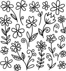Fototapeta premium Collection of simple line art flowers and floral elements