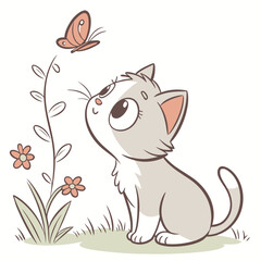 Cartoon cat watching a butterfly with flowers © Marjan
