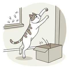 Cat jumping up to catch something window leaves © Marjan