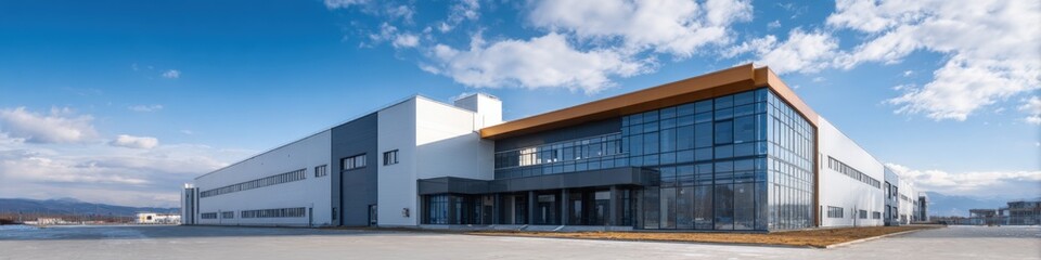 Obraz premium Modern industrial warehouse exterior panoramic glass facade under blue sky with scattered clouds expansive concrete forecourt and distant mountain horizon