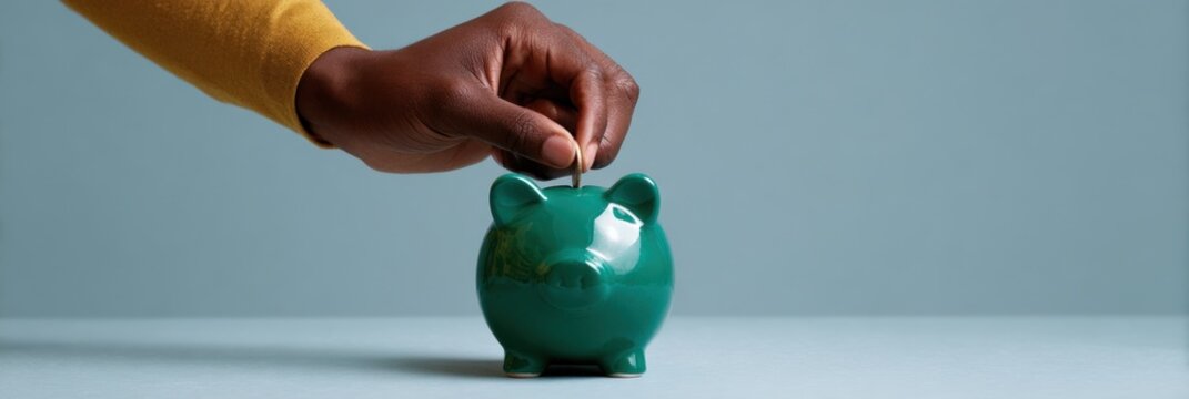 African female adult hand placing coin into green piggy bank on blue surface symbolizing saving money and financial habits