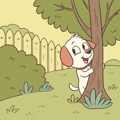 Cartoon dog hiding behind a tree fence