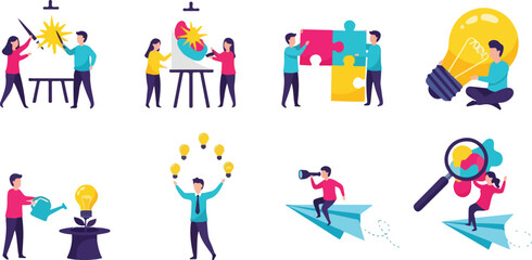 Fototapeta premium Creative concept illustrations showing tiny people working together on ideas with puzzles light bulbs and paper planes.