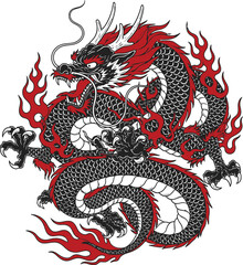 Fototapeta premium Chinese dragon with tribal, blackwork style and red accents fire silhouette. 