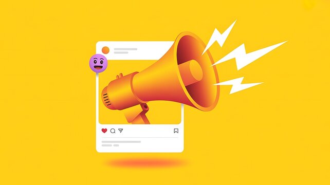 Megaphone, social media announcement, loudspeaker icon, notification bell, yellow background