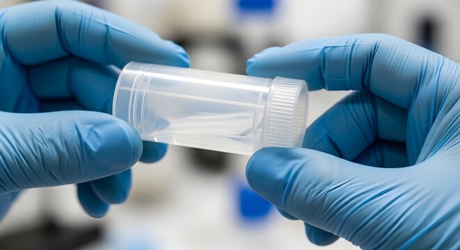 Gloved hands holding empty test tube laboratory equipment