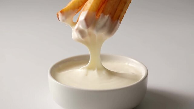 Delicious Golden French Fries Dipped in Creamy White Sauce on Plain Background