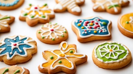 Fototapeta premium Delightful holiday cookies with vibrant icing designs arranged on a clean surface, perfect for seasonal celebrations.