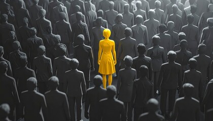 Fototapeta premium A Bold Figure in Yellow Stands Out Amongst a Sea of Monochrome Figures, Highlighting Individuality, Distinction, and the Quest for Identity in a Conformist Society