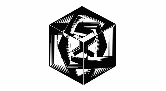 Abstract geometric cube with intricate optical illusion patterns in black and white.