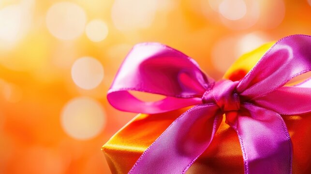 Close up of a vibrant Christmas gift box with a satin ribbon and bow, soft bokeh background, festive holiday lighting