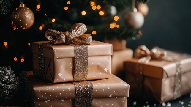 Festive Christmas gifts wrapped in shiny metallic paper with glittering bows and ornaments near a decorated tree with warm bokeh lights