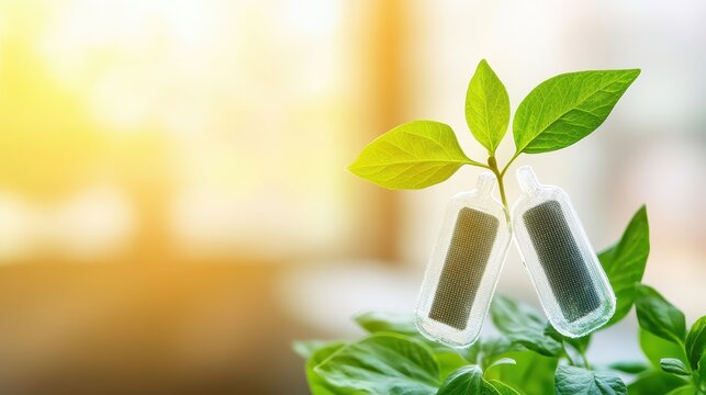 Close-up view of advanced air purification technology integrated with thriving green plant life, representing a commitment to cleaner environments and sustainable future.