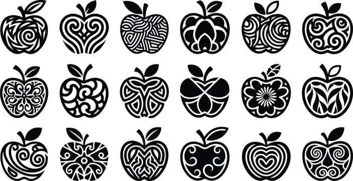 Black and white of apples with various patterns swirls shapes