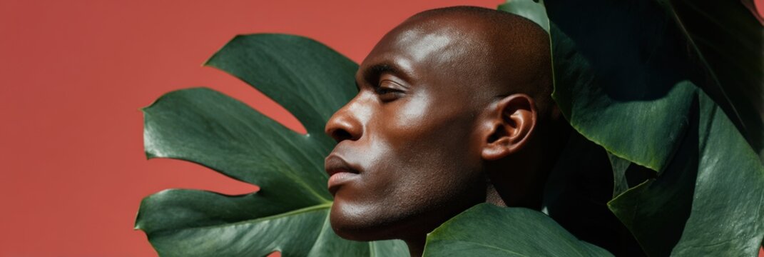 Male african adult portrait monstera leaves side profile bold red backdrop strong contrast high sheen skin tropical foliage framed face