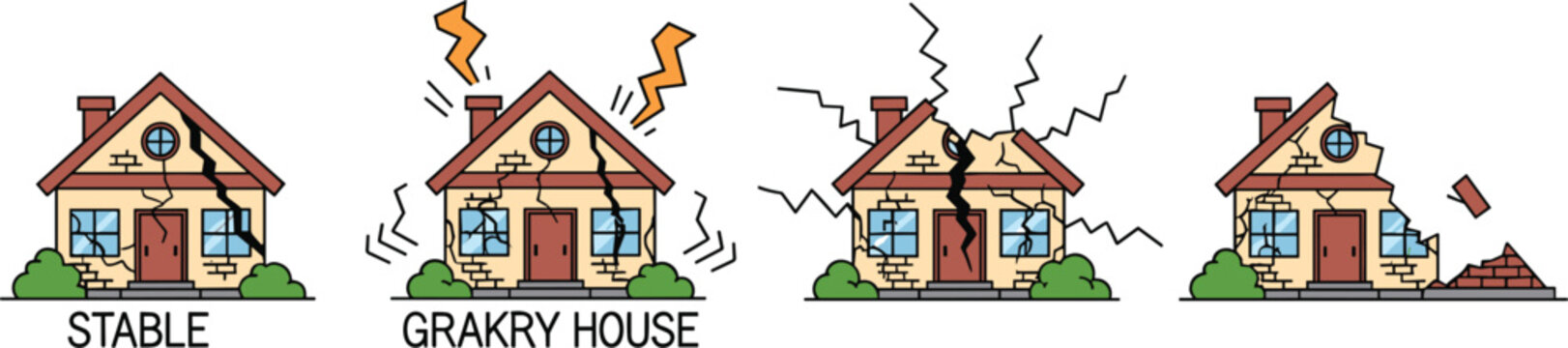 Earthquake house damage sequence vector illustration seismic disaster concept isolated on white