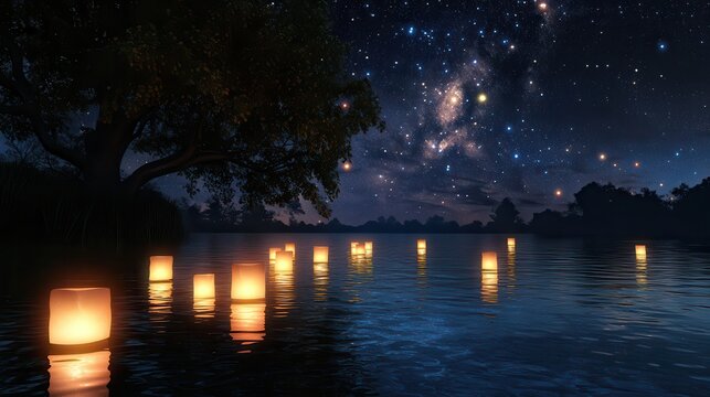 Numerous glowing lanterns drift on a dark river under a vast starry night sky, creating a magical, reflective scene